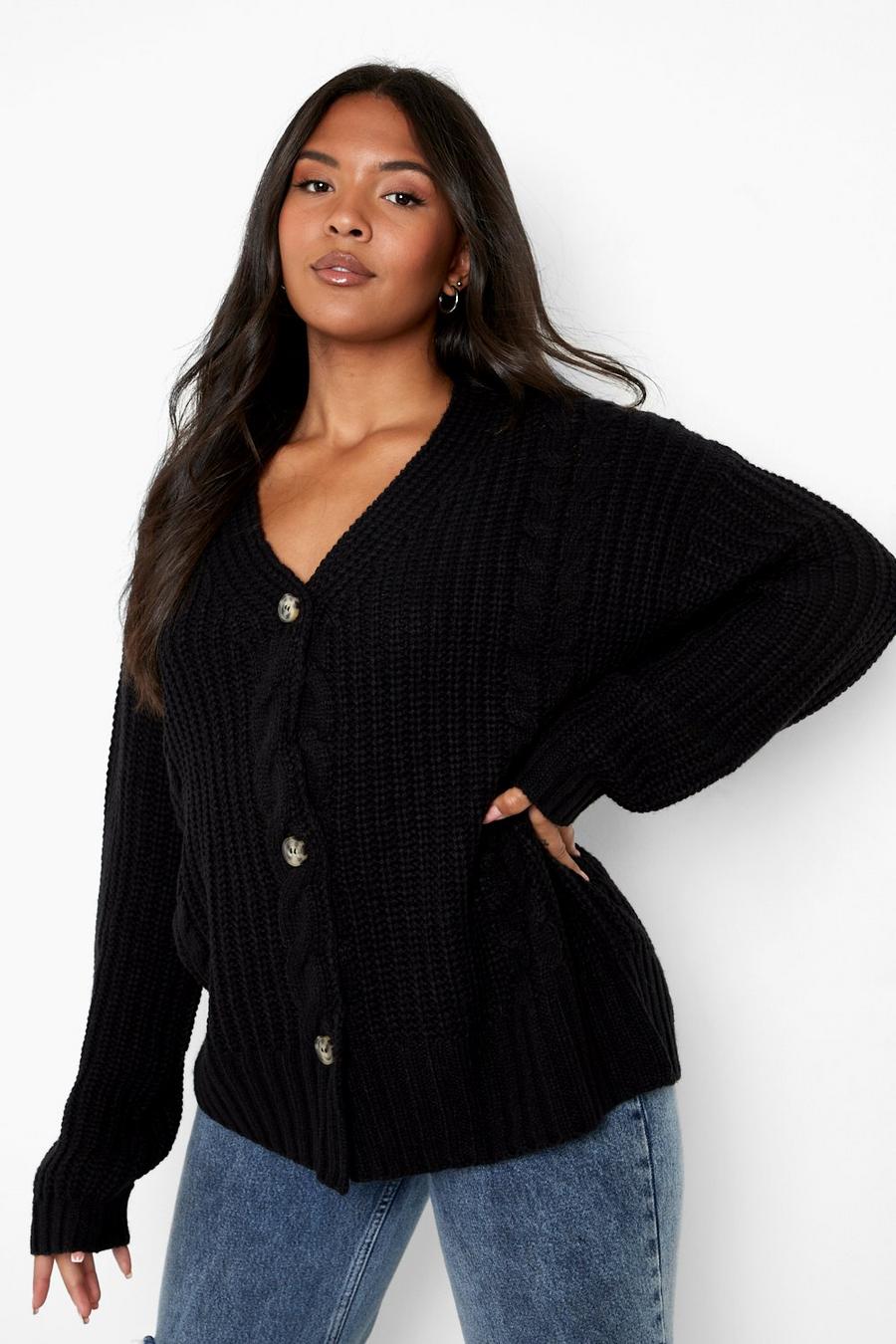 Black Plus Chunky Cable Knit Cardigan image number 1