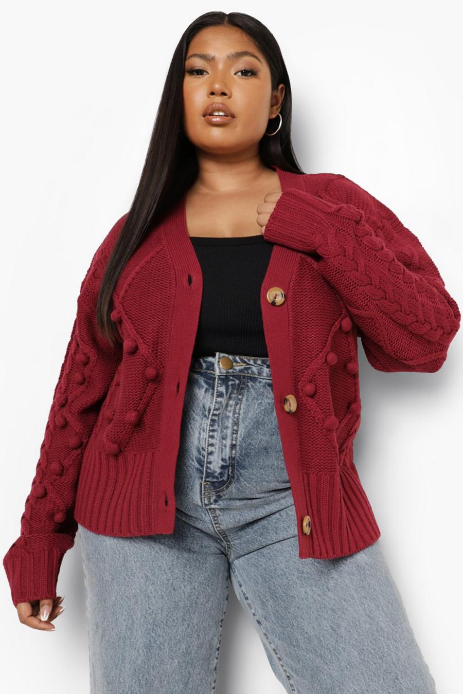 Dark red Plus Cable Knit Bobble Oversized Cardigan image number 1