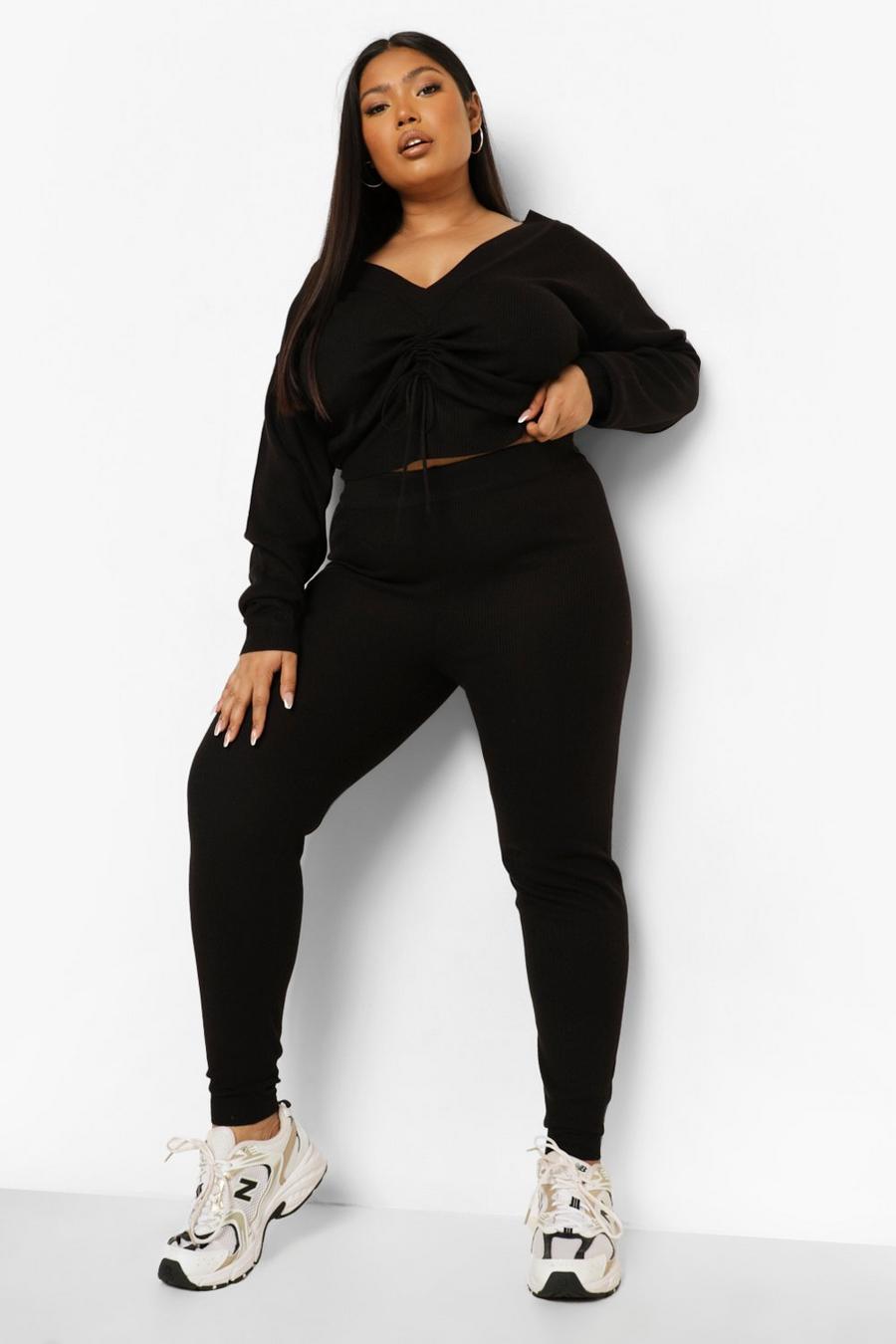 Black Plus Knitted Ruched Top and Trouser Set image number 1