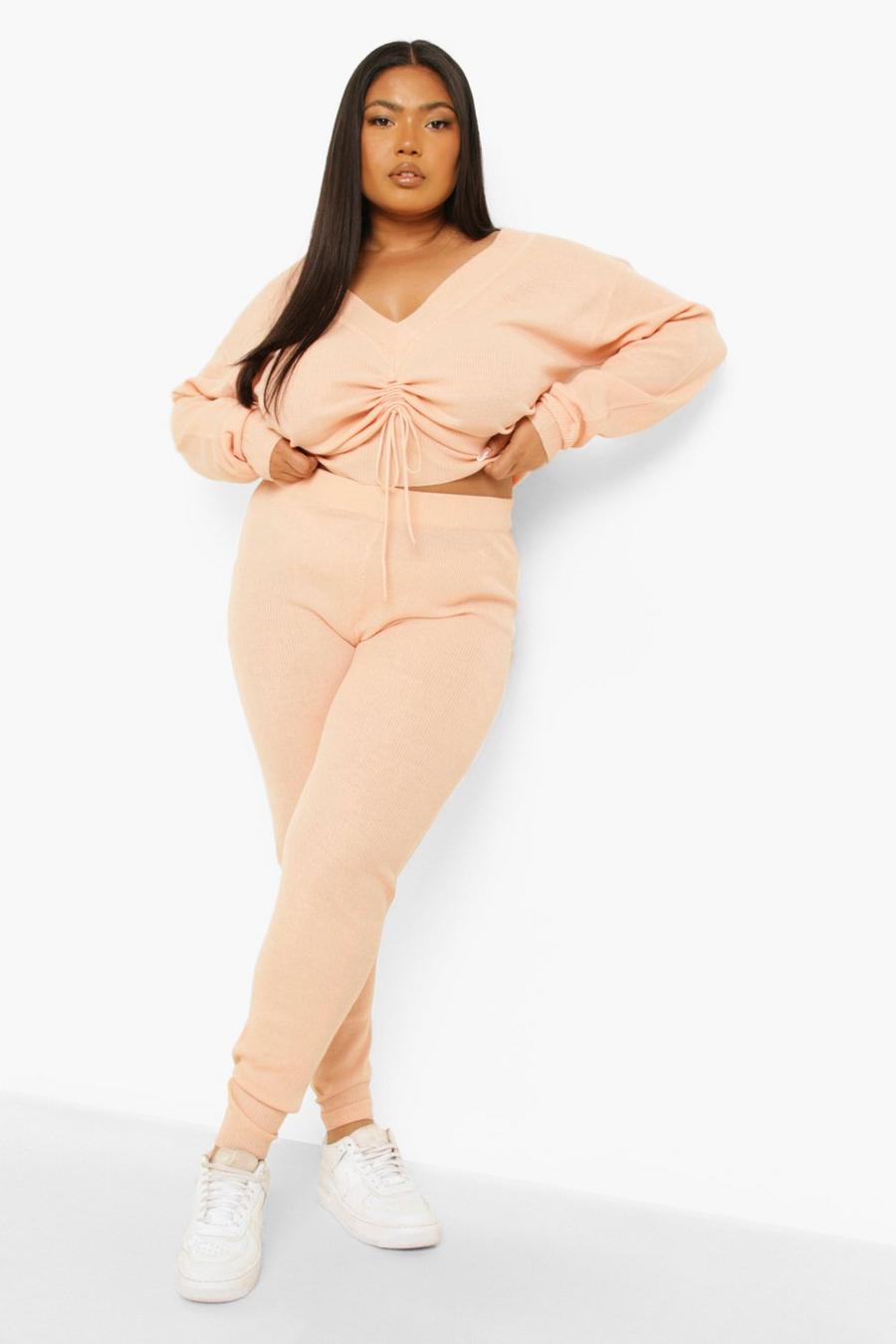 Blush pink Plus Knitted Ruched Top And Pants Set