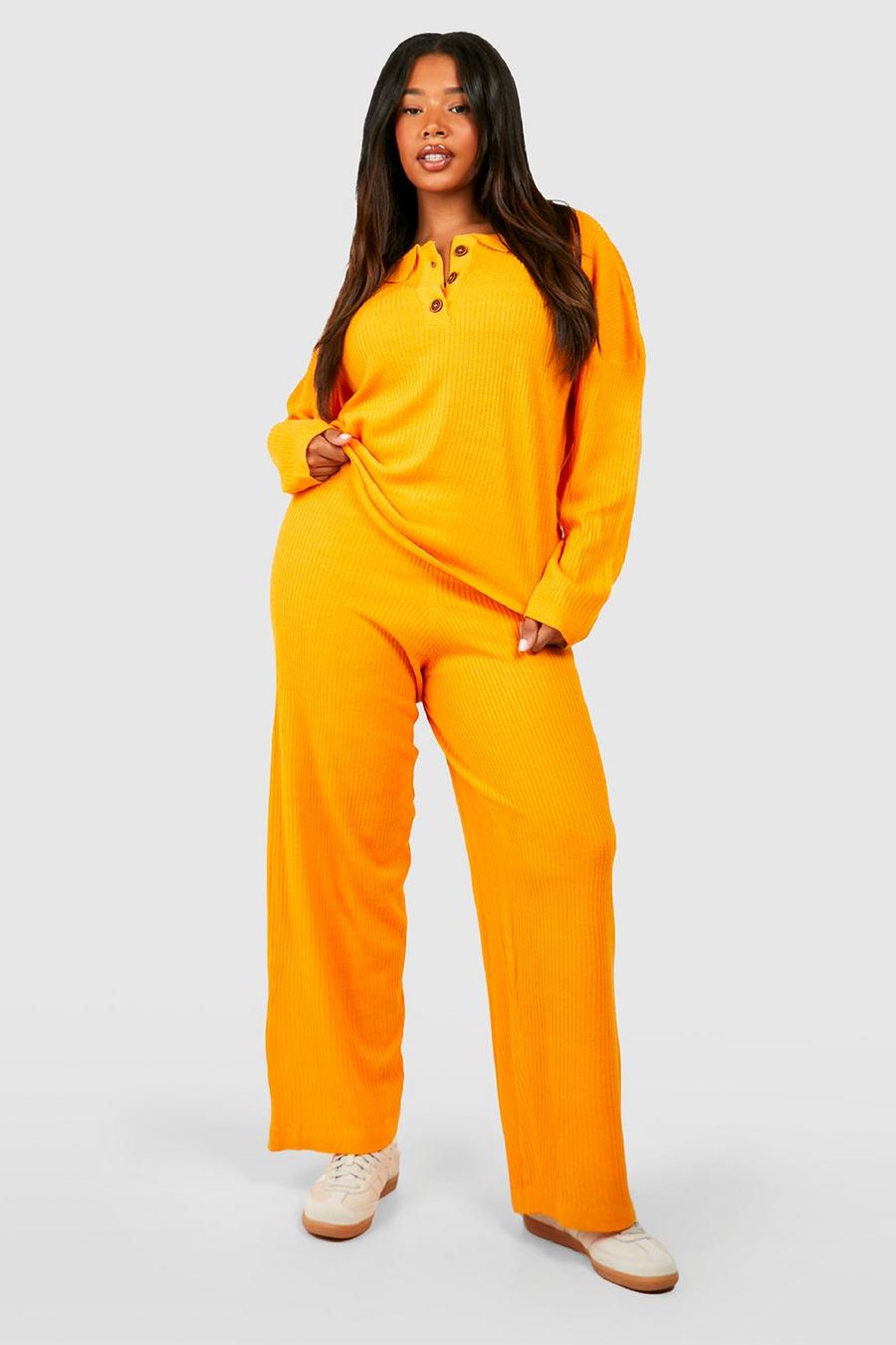 Set Plus Size in maglia - top con bottoni & pantaloni, Amber arancio