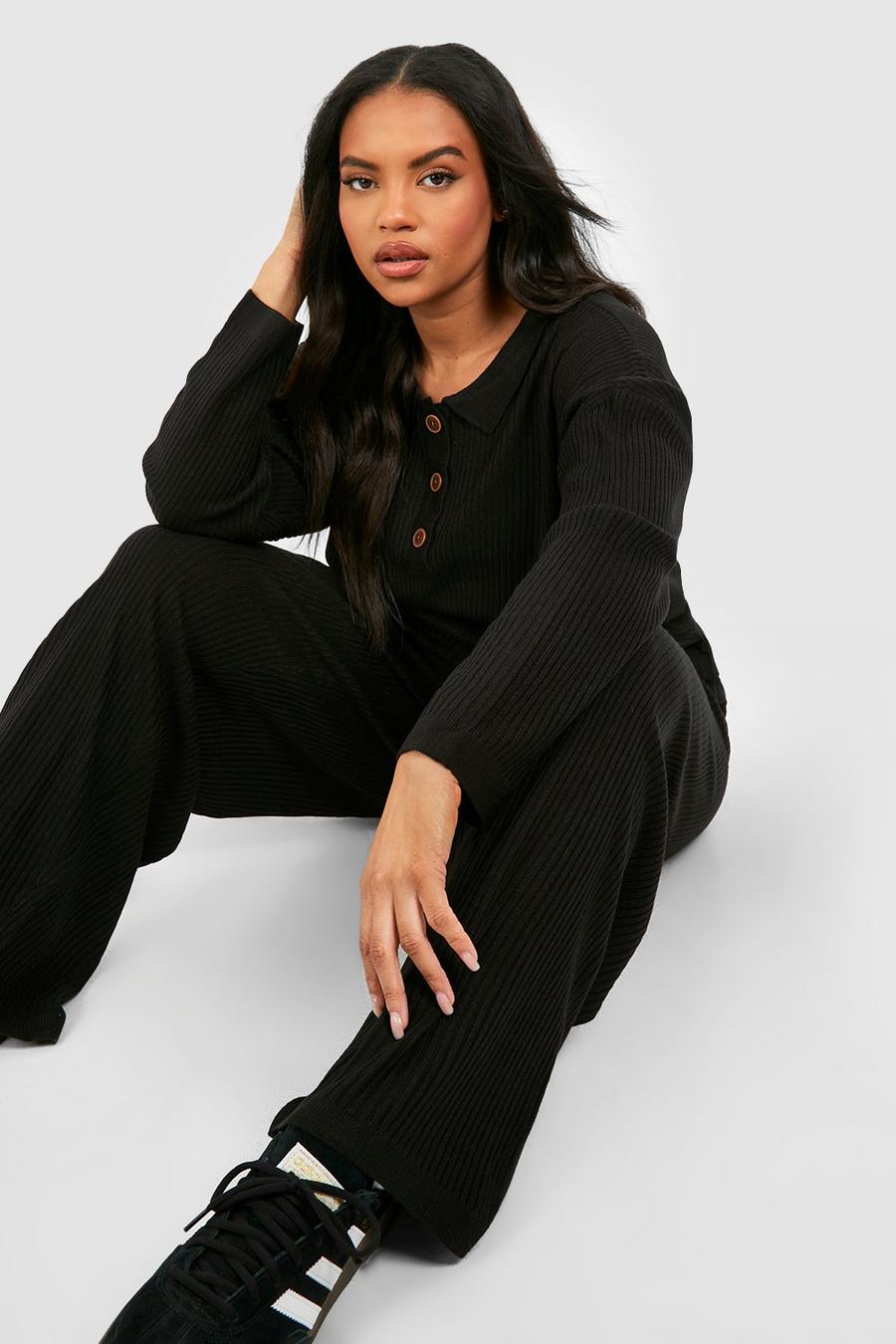 Set Plus Size in maglia - top con bottoni & pantaloni, Black