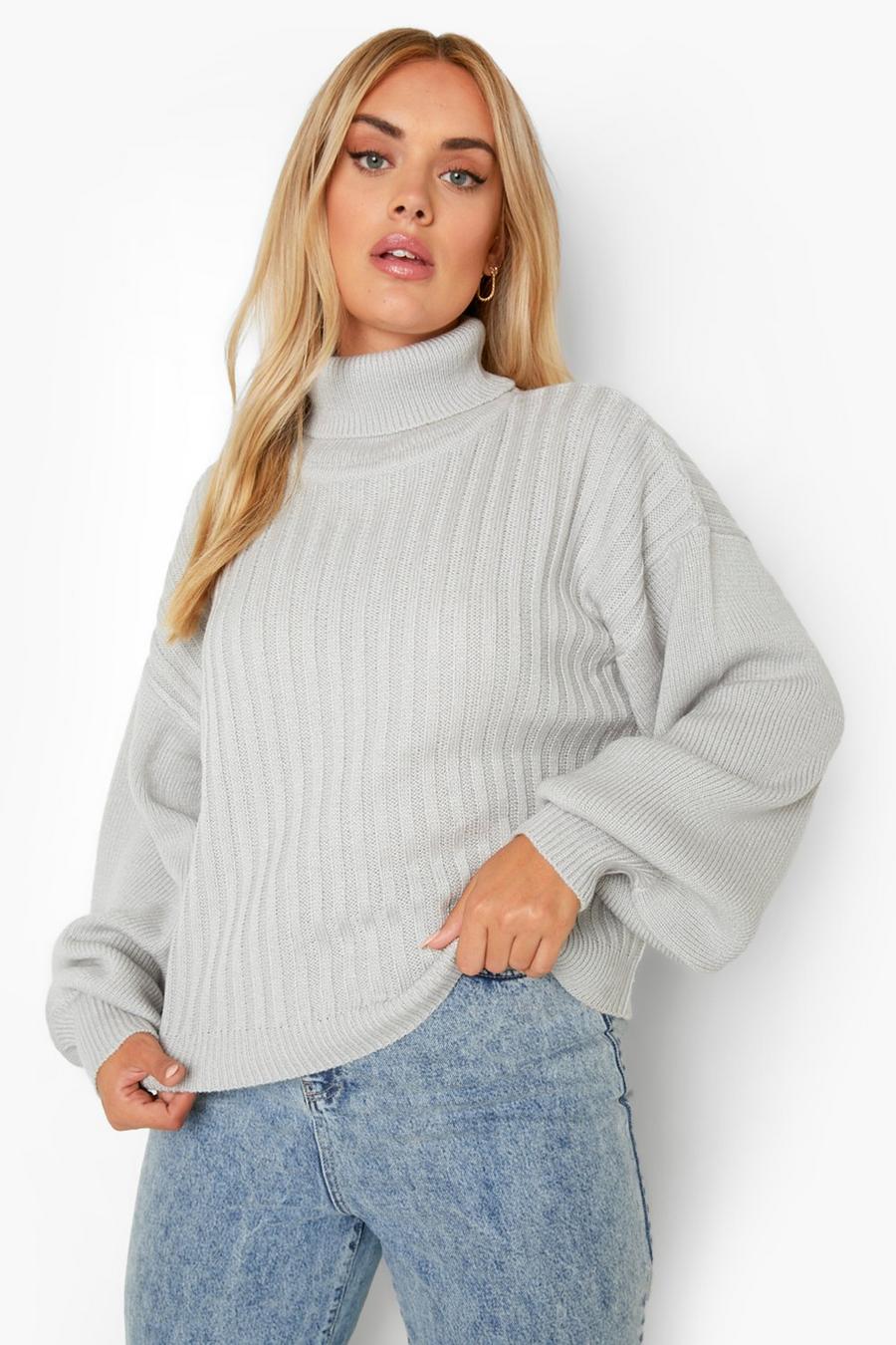 Grey Plus Balloon Sleeve Turtleneck Sweater image number 1