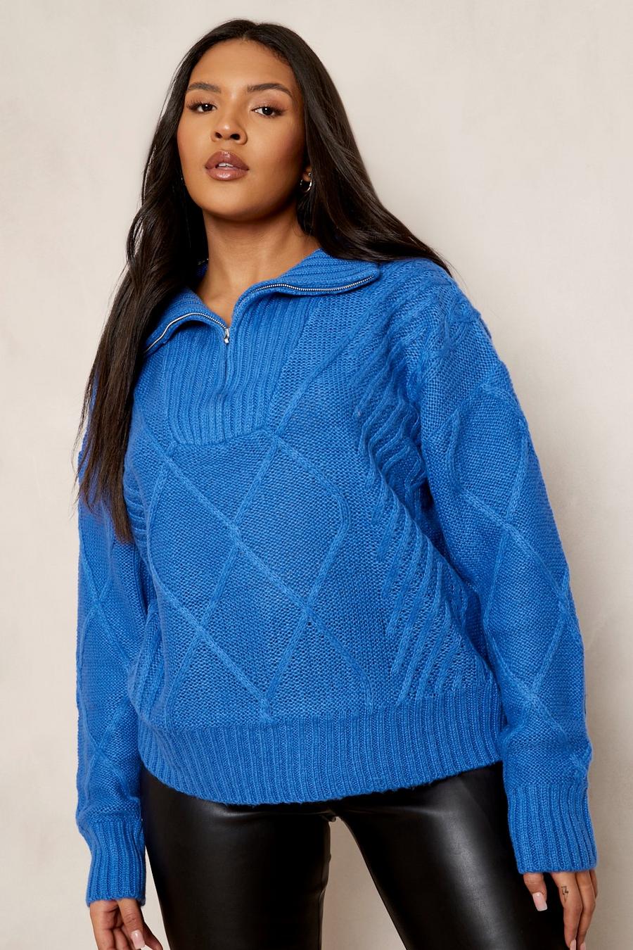 Cobalt Plus Chunky Rib Collar Cable Knit Jumper image number 1