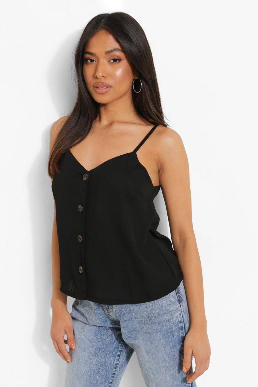 Black Petite Button Front Woven Cami Top image number 1