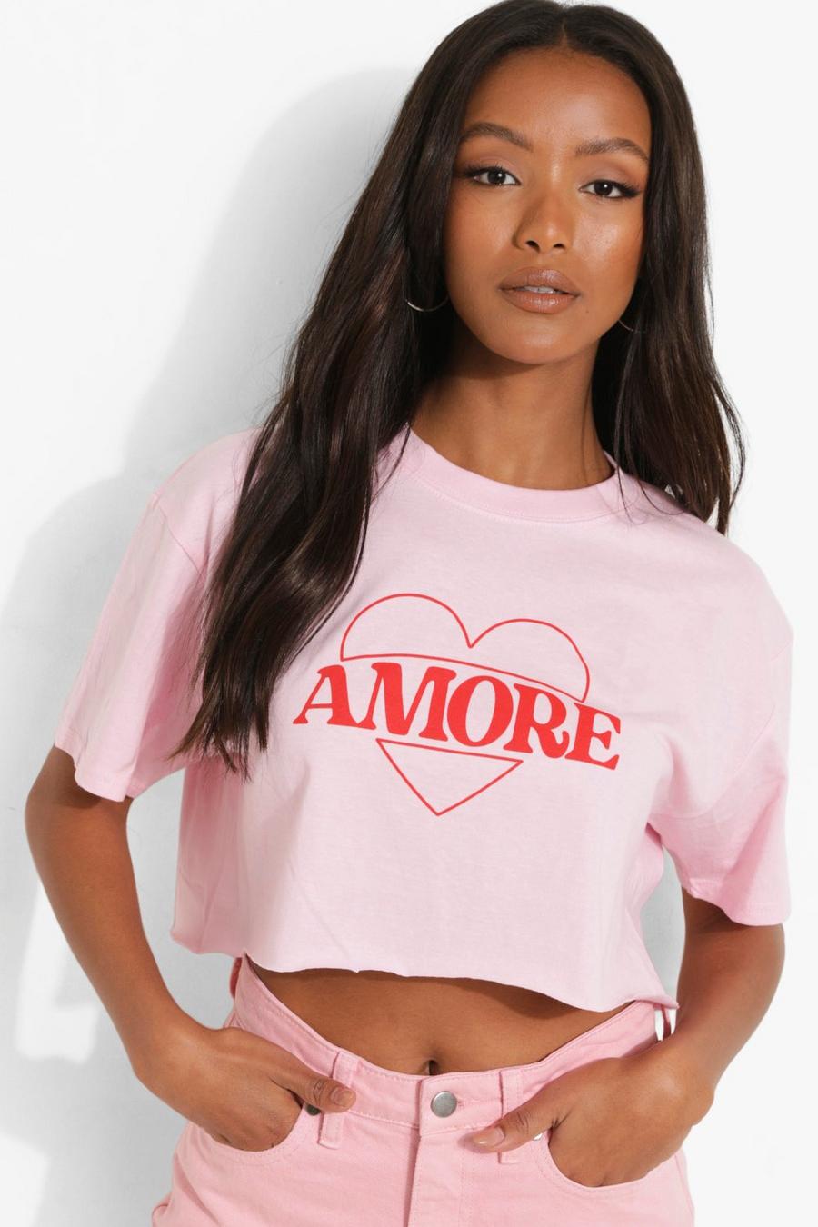 T-shirt corta Petite con scritta Amore, Rosa confetto image number 1