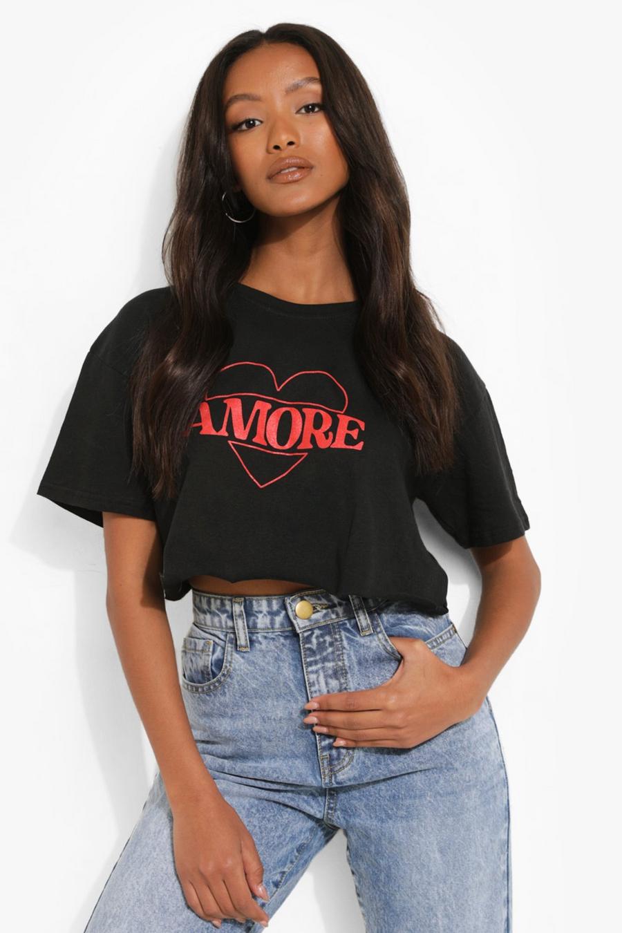 PETITE Crop T-Shirt mit Amore-Print, Schwarz image number 1