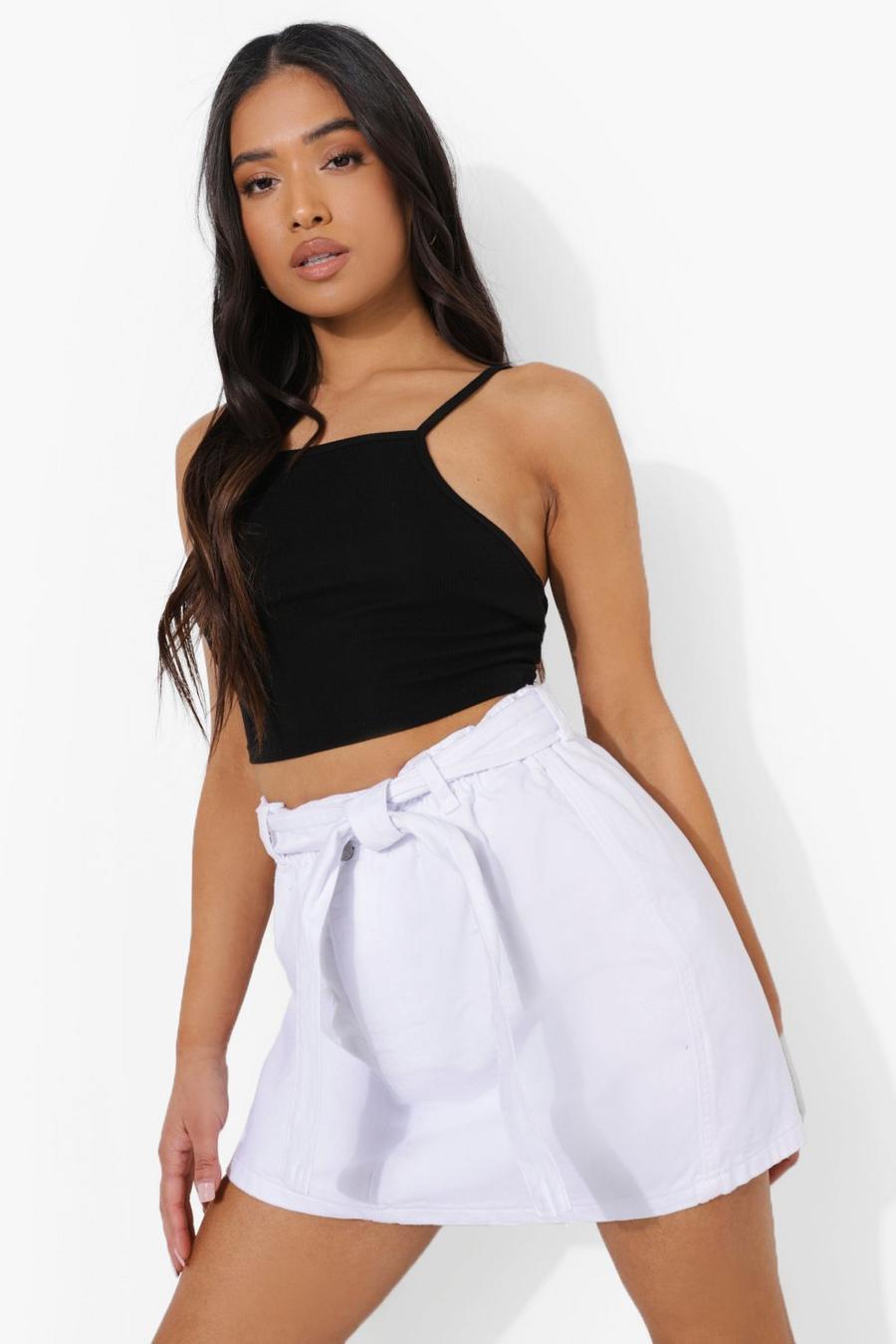White Petite Denim Paperbag Belted Denim Skirt image number 1