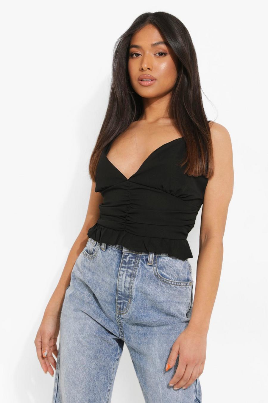 Black Petite Woven Ruched Ruffle Cami Top image number 1