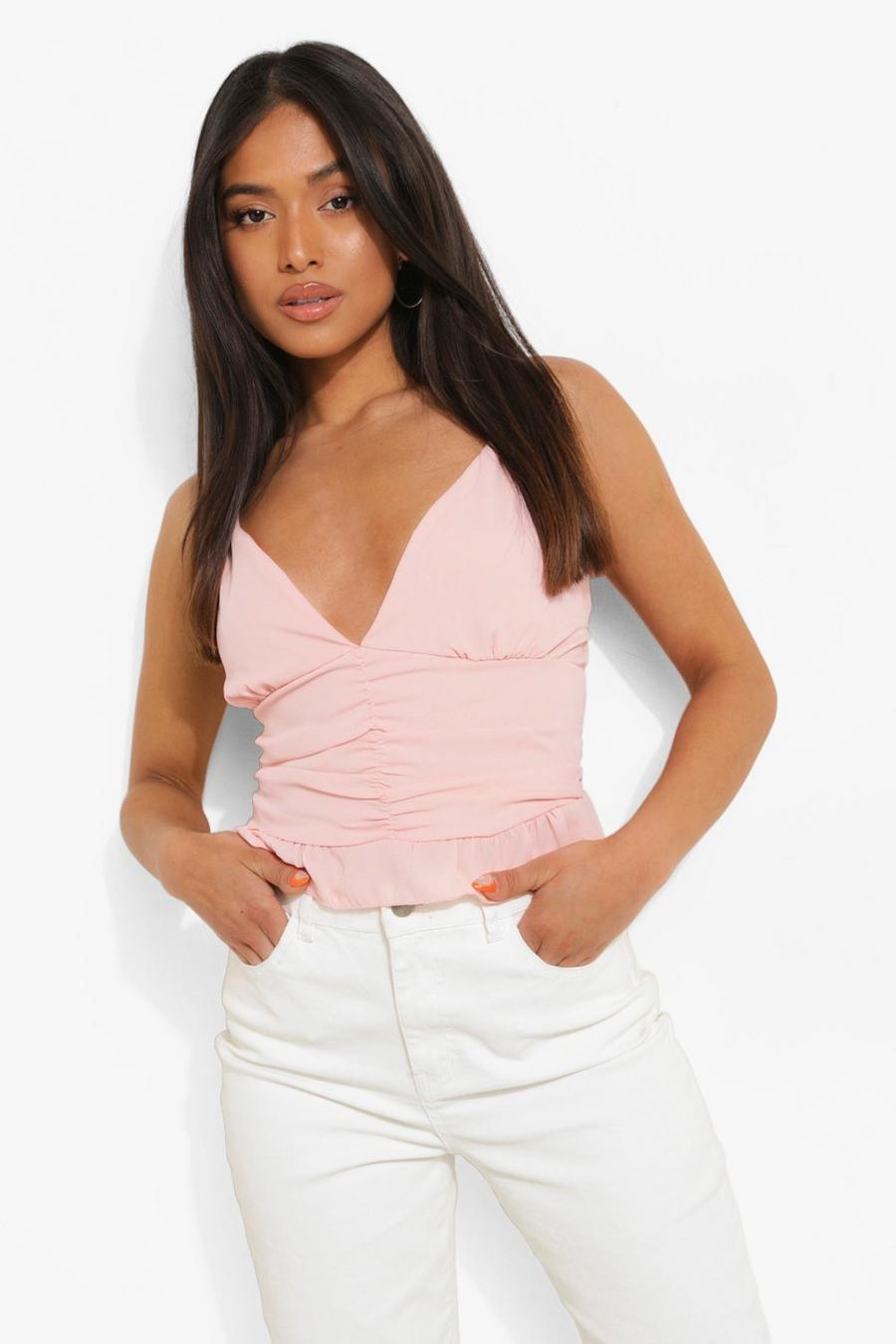 Light pink Petite Woven Ruched Ruffle Cami Top image number 1