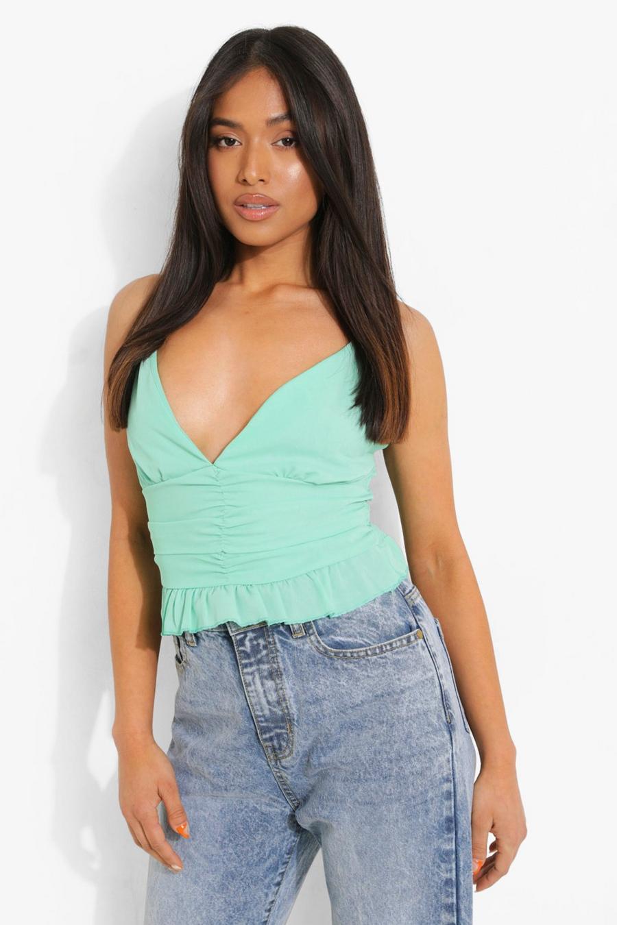Mint Petite Woven Ruched Ruffle Cami Top image number 1