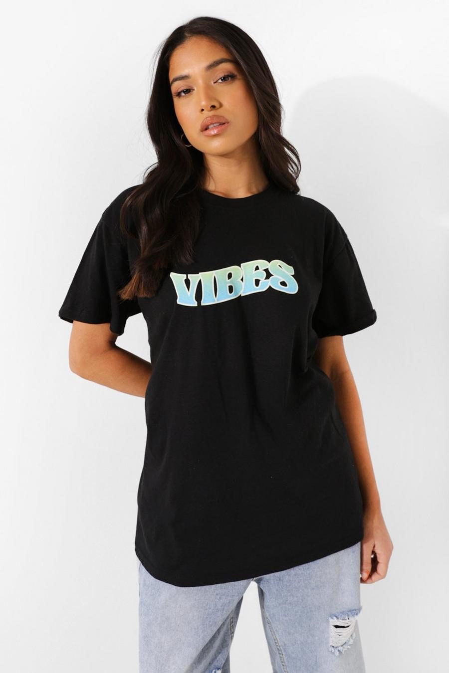 Black Petite Vibes Printed T-Shirt image number 1