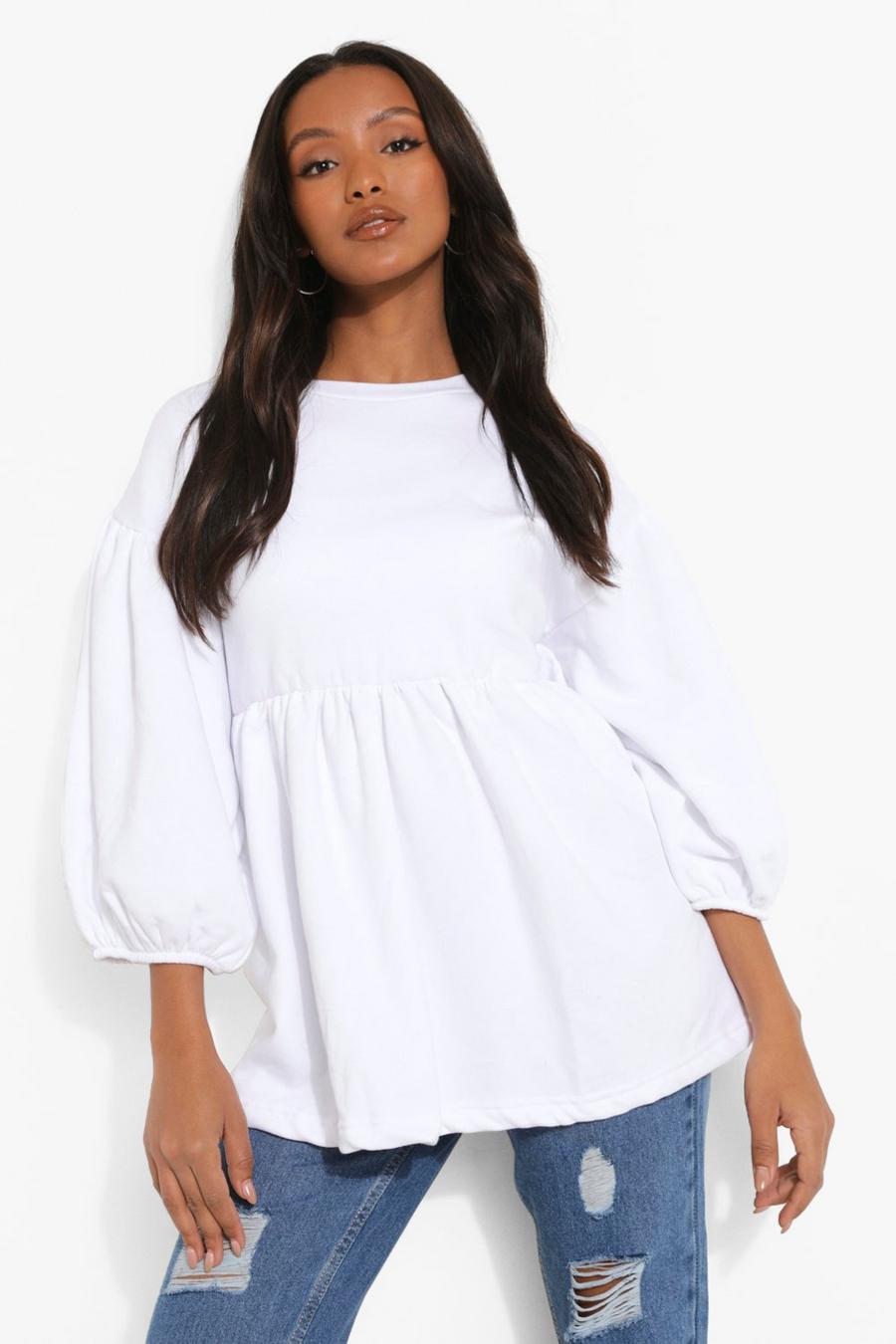 White Petite Puff Short Sleeve Smock Sweat Top image number 1
