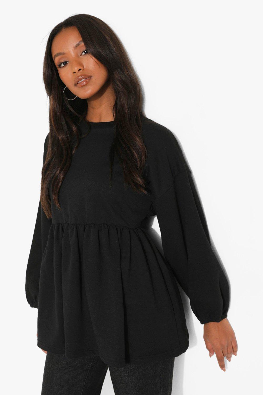 Black Petite Puff Sleeve Smock Sweat Top boohoo UK