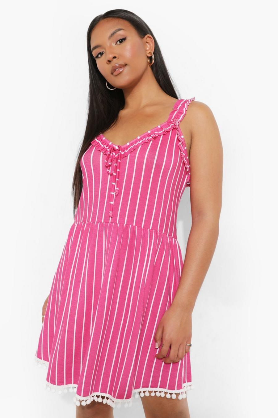 Pink Plus Stripe Pom Pom Mini Dress image number 1