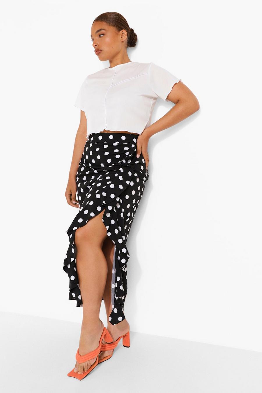 Black Plus Polka Dot Ruffle Split Midi Skirt image number 1