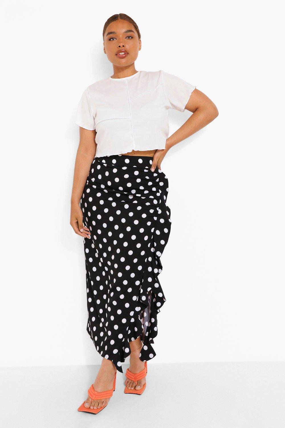 Plus Polka Dot Ruffle Split Midi Skirt