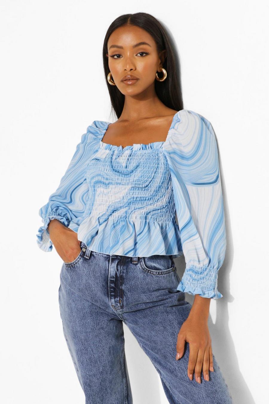 Blue Petite Swirl Print Ruched Front Blouse image number 1