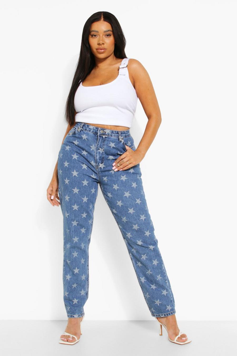Mid blue Plus - Mom jeans med stjärnor och hög midja image number 1