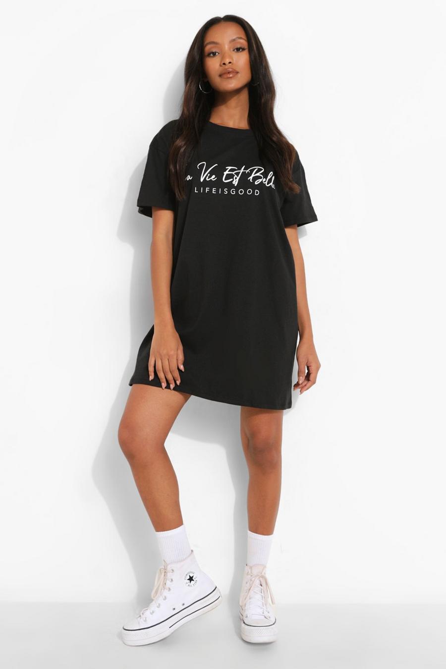 Black Petite Life Is Good Printed T-shirt Dress image number 1