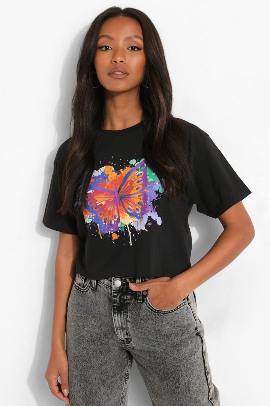 Petite Crop T-Shirt mit Schmetterlings-Print , Black image number 1