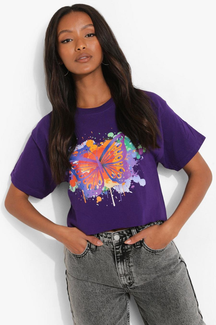 Petite Crop T-Shirt mit Schmetterlings-Print , Lilac image number 1