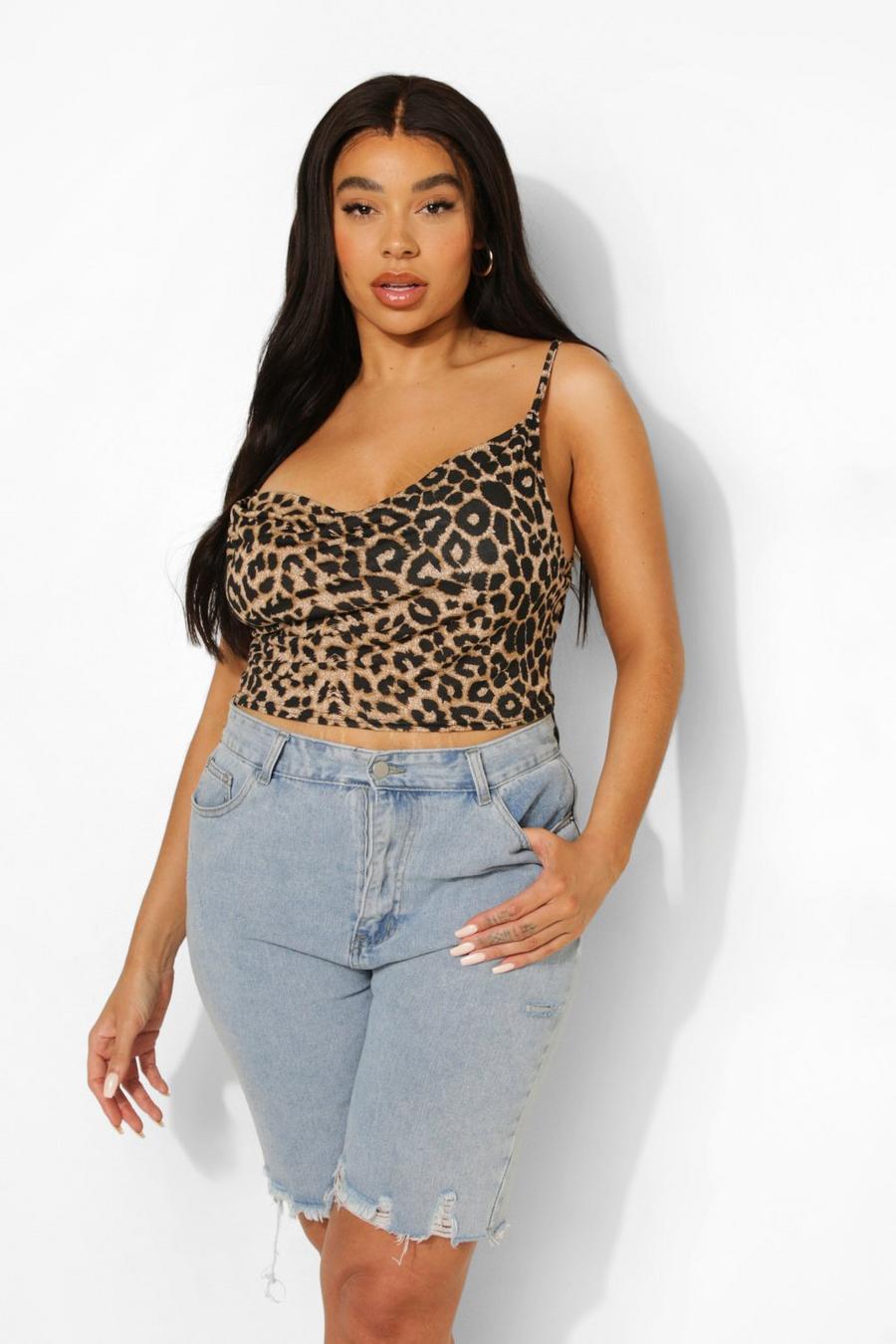 Brown Plus Leopard Cowl Strappy Cami Top image number 1