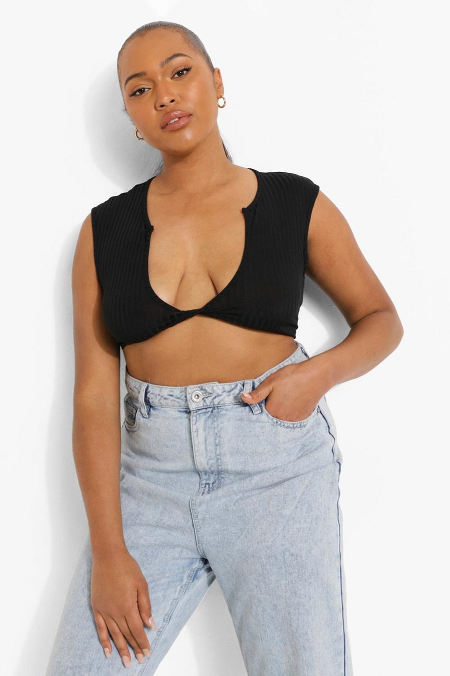 Plus Crop Top mit Knoten vorne, Black image number 1