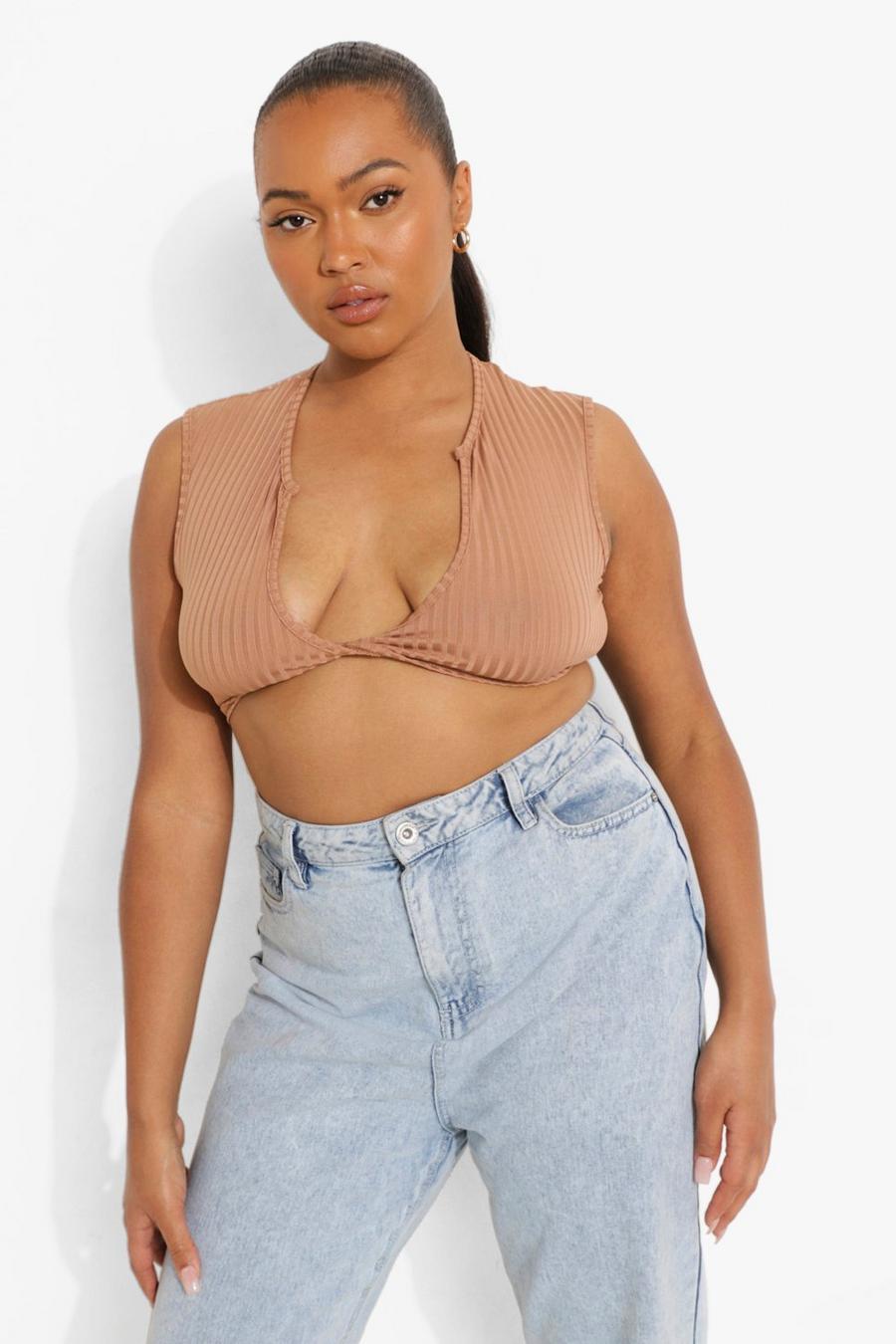 Chocolate Plus Front Knot Notch Crop Top image number 1