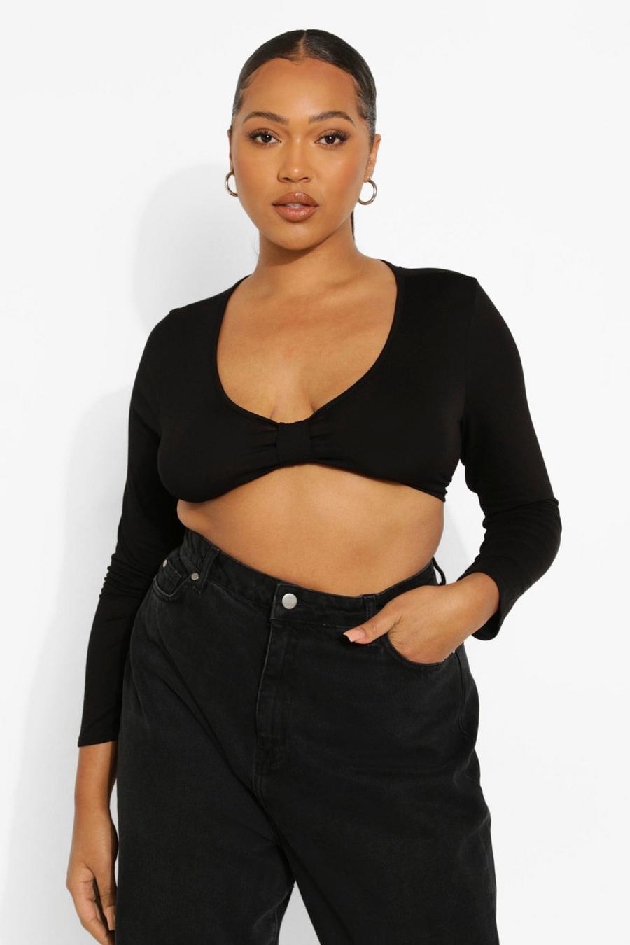 Black Plus Front Knot Long Sleeve Crop Top image number 1