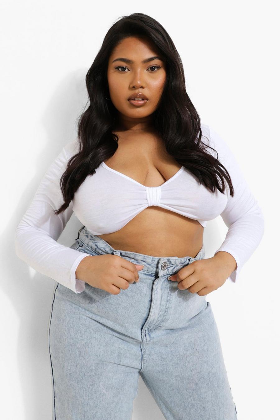 White Plus Front Knot Long Sleeve Crop Top image number 1