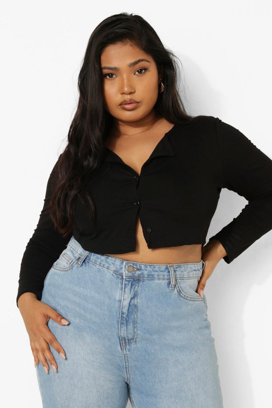 Black Plus Button Down Long Sleeve Crop Top image number 1
