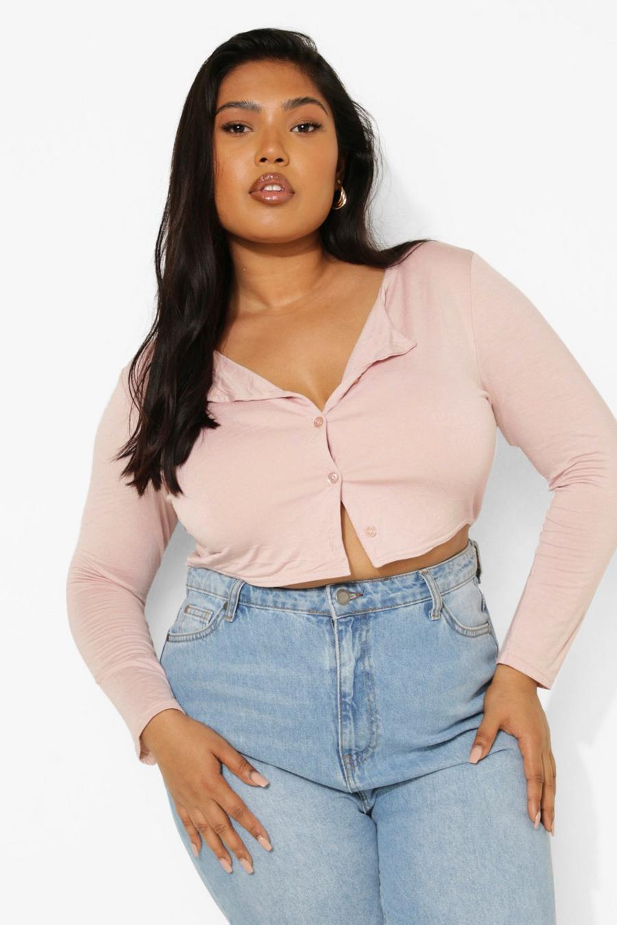 Blush Plus Button Down Long Sleeve Crop Top image number 1