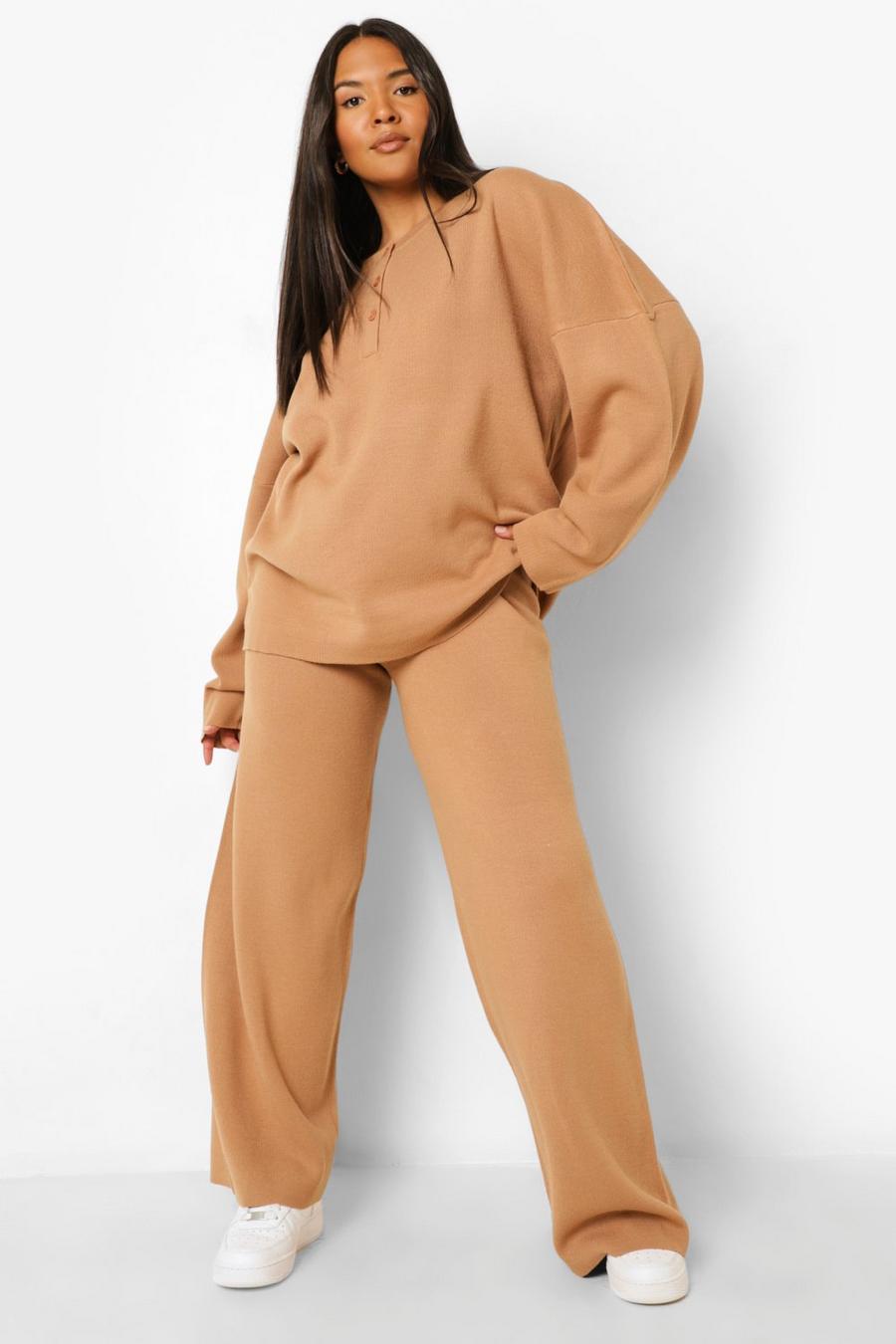 Camel Plus Knitted Crew Neck Sweater & Pants Set image number 1