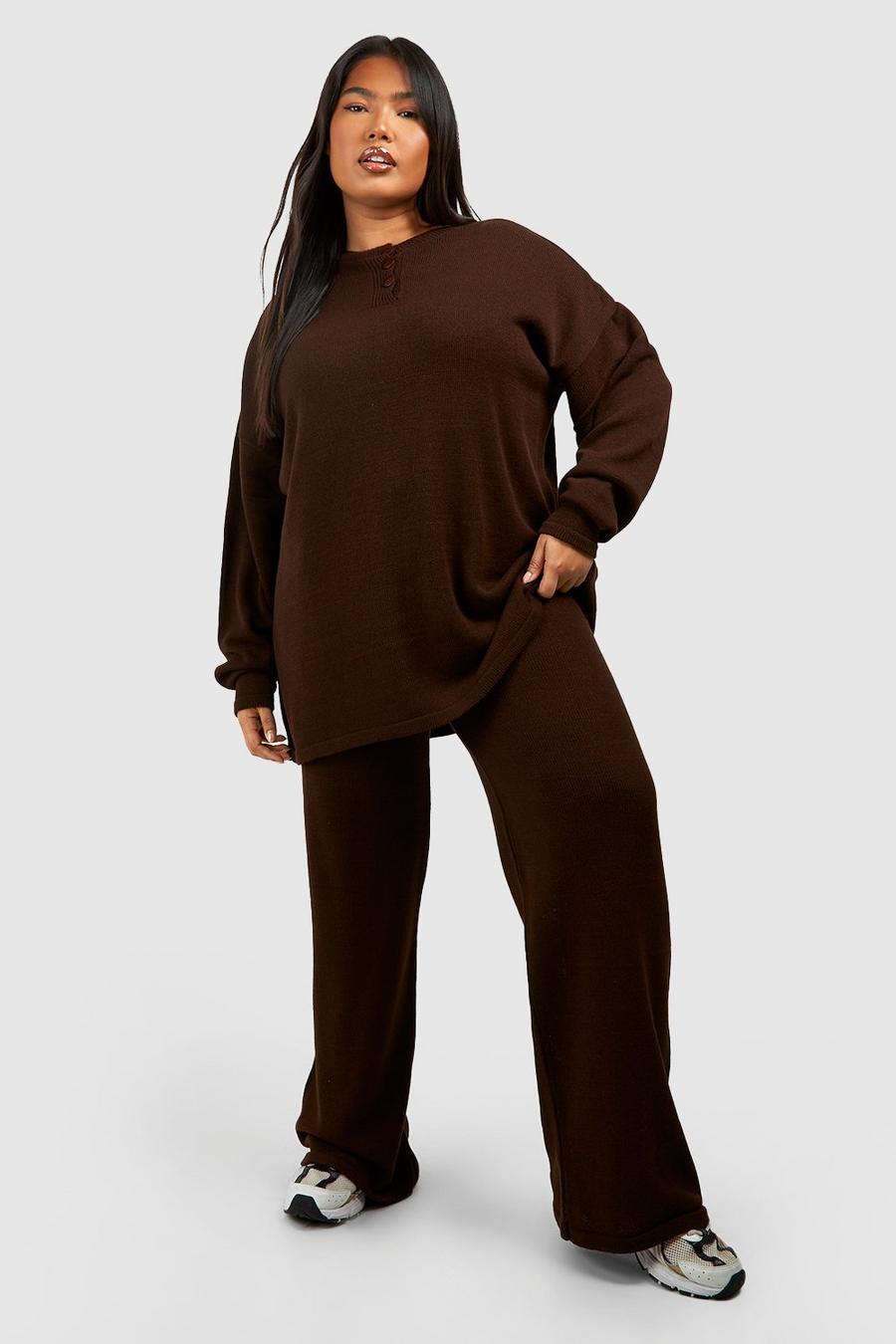 Set Plus Size in maglia - maglione a girocollo & pantaloni, Chocolate brown