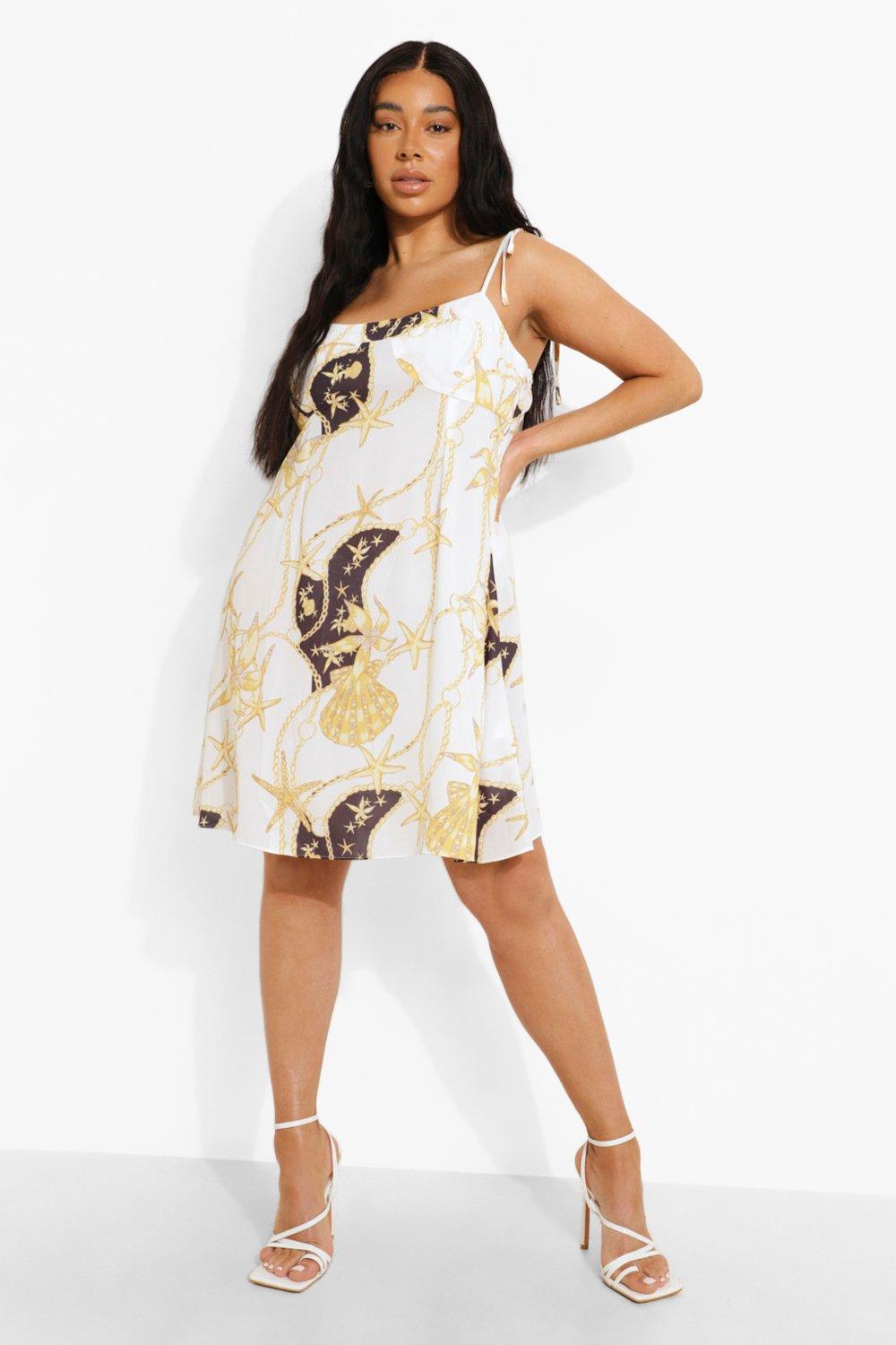 Feather Trim Satin Swing Dress