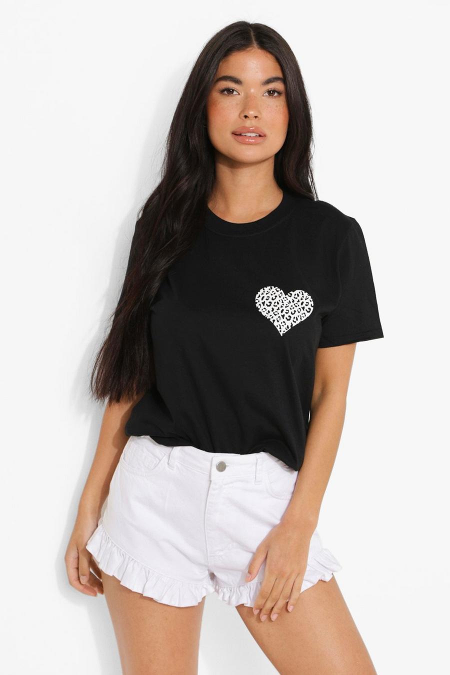 Black Petite Leopard Pocket Print Heart T-shirt image number 1