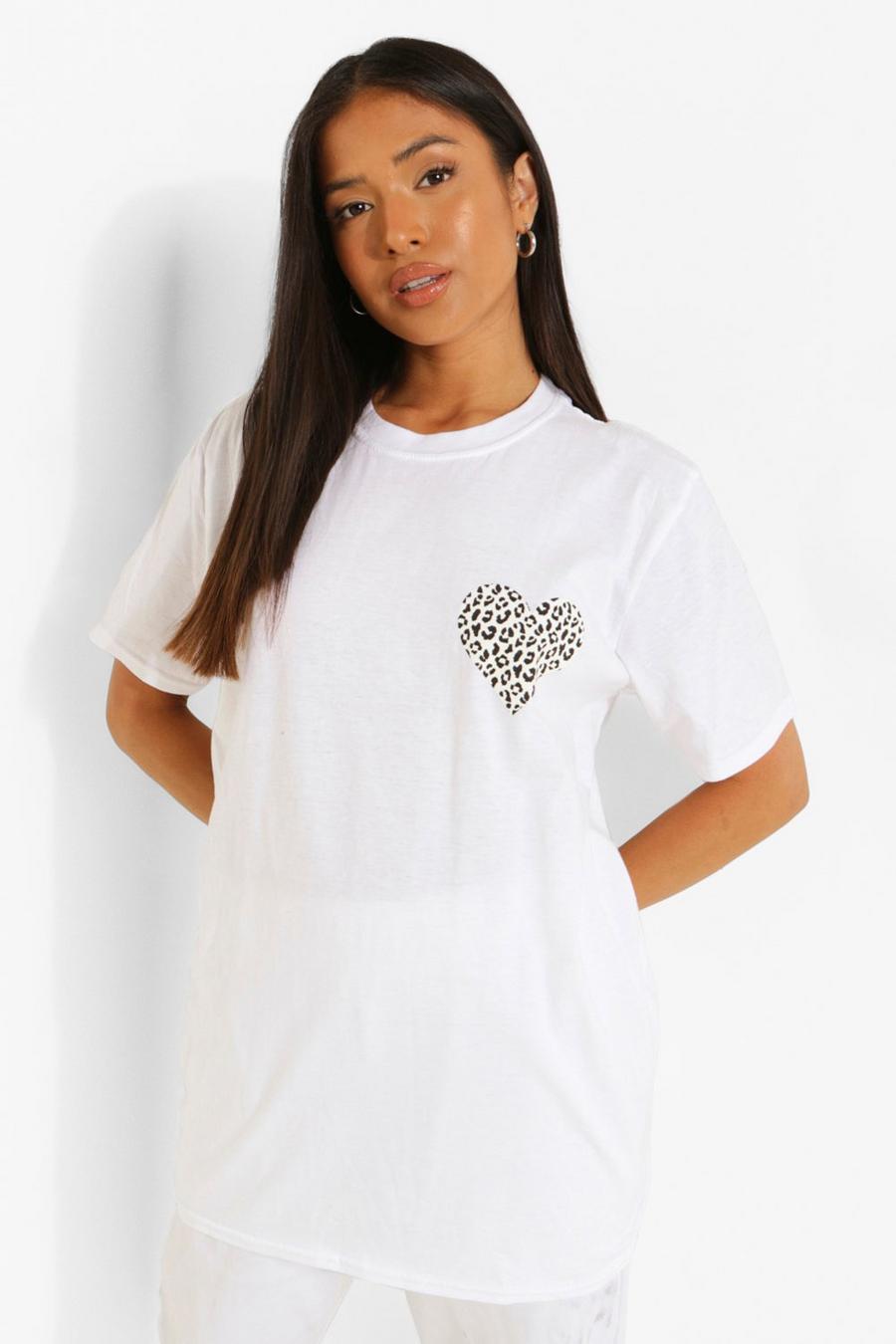 White Petite Leopard Pocket Print Heart T-shirt image number 1