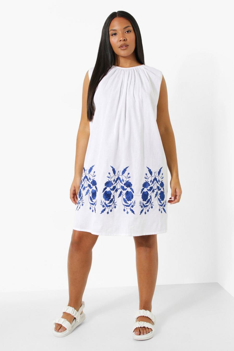 White Plus Floral Embroidered Smock Dress image number 1