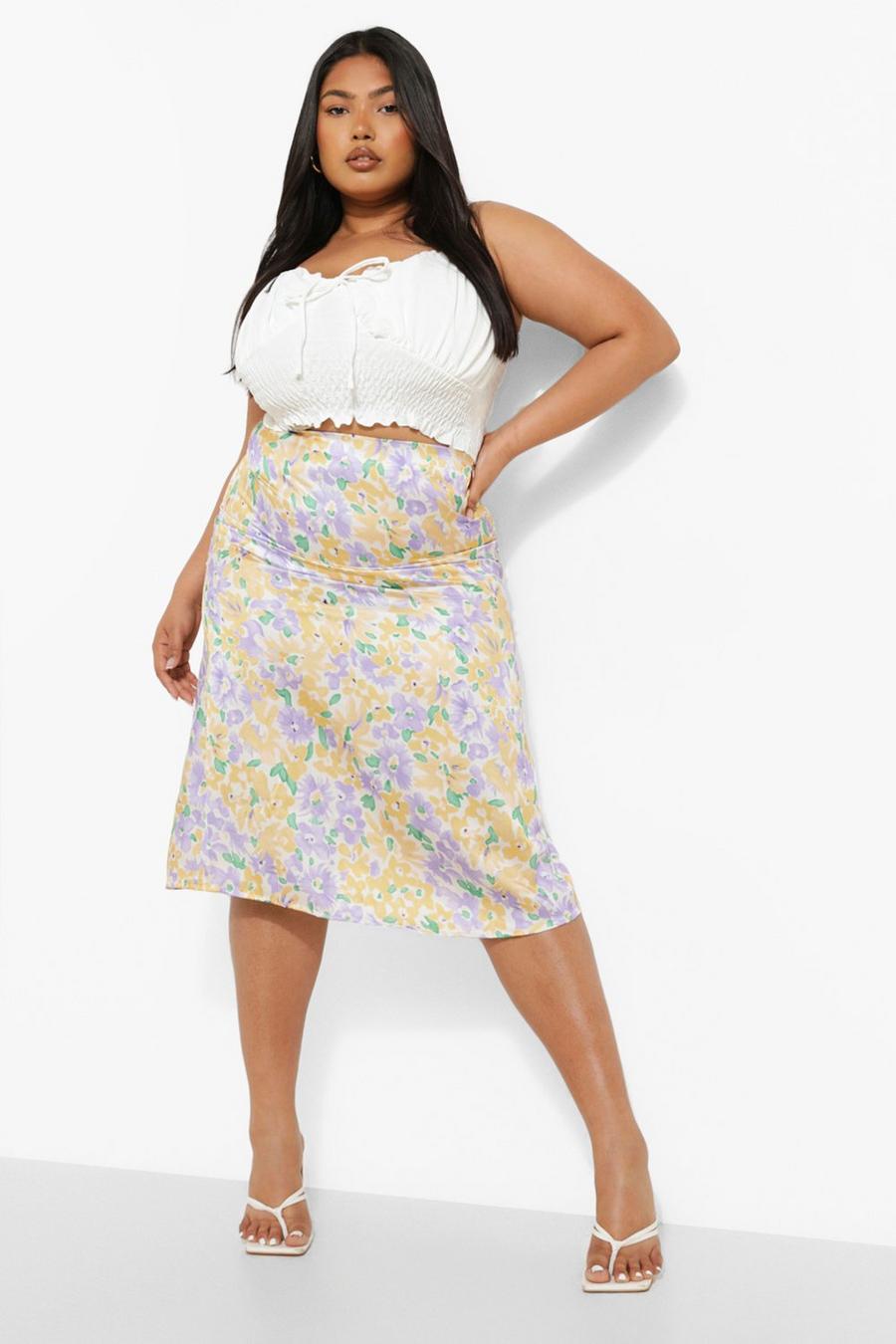 Yellow Plus Woven Floral Midi Skirt image number 1