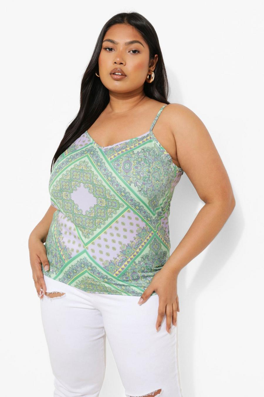 Canotta Plus Size in raso con stampa a bandana, Green image number 1