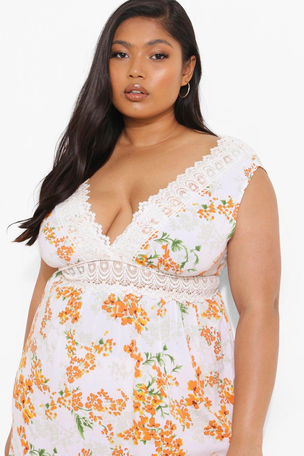 Grande taille Robe longue a fleurs et dentelle