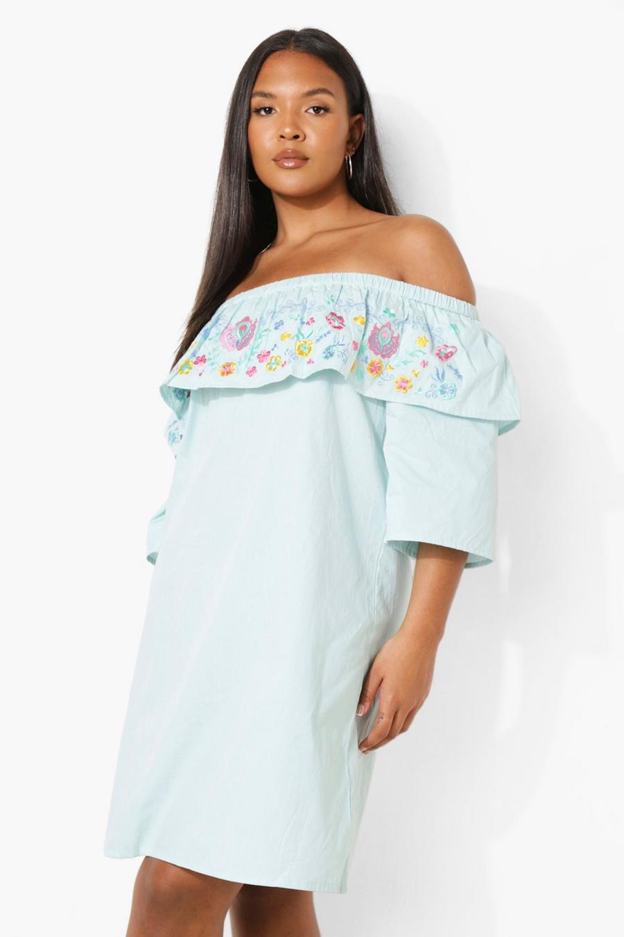 Light blue Plus Embroidered Off The Shoulder Ruffle Smock Dress
