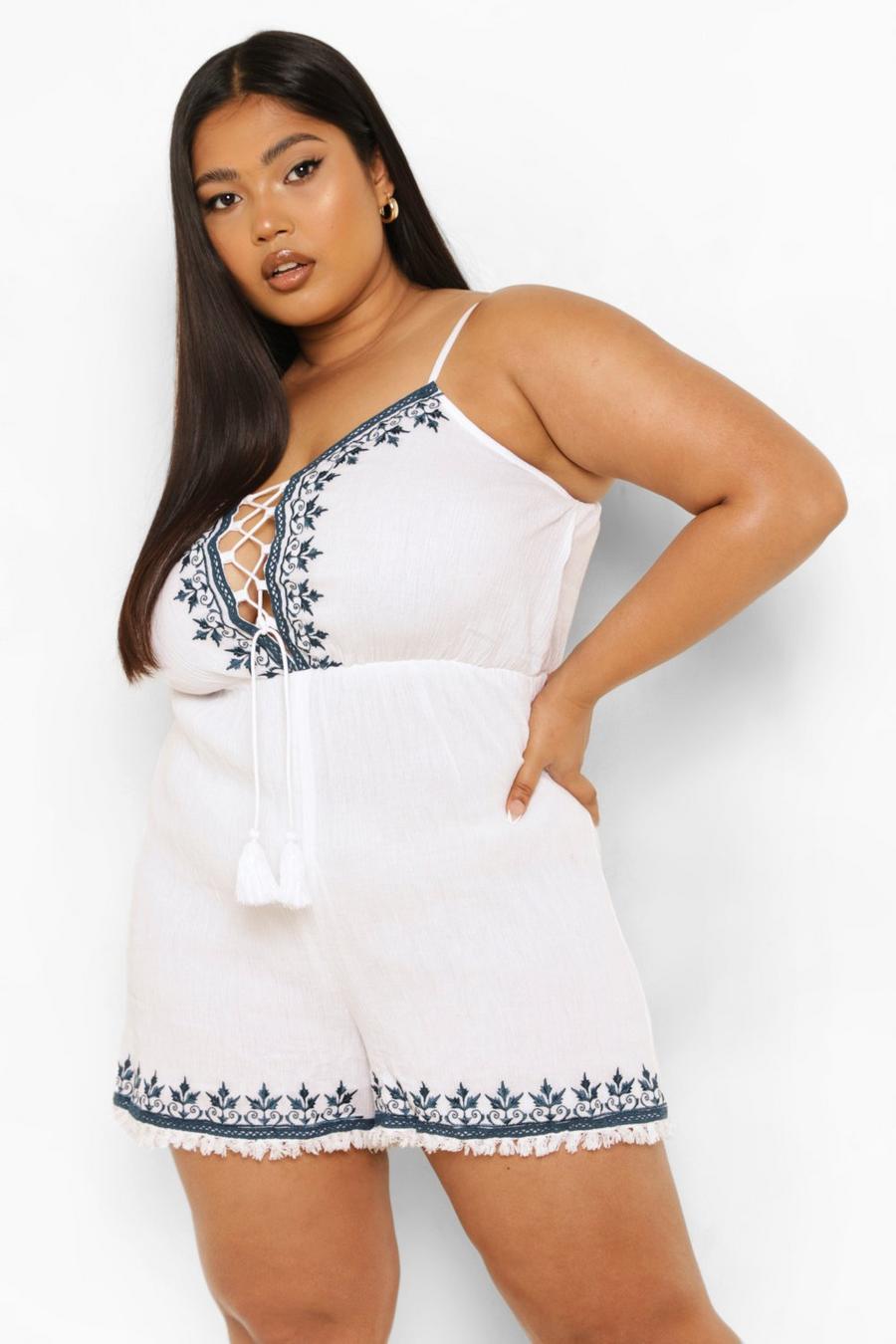 White Plus Embroidered Strappy Tassel Playsuit image number 1