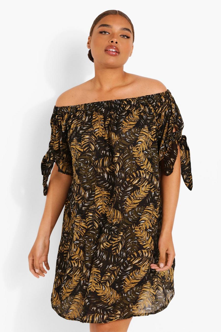 Plus Off-Shoulder Kleid mit Palmenprint, Brown image number 1