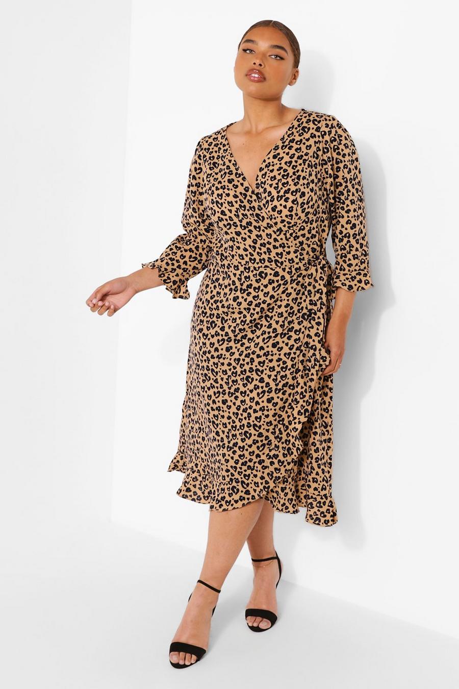 Brown Plus Woven Leopard Wrap Midi Dress image number 1