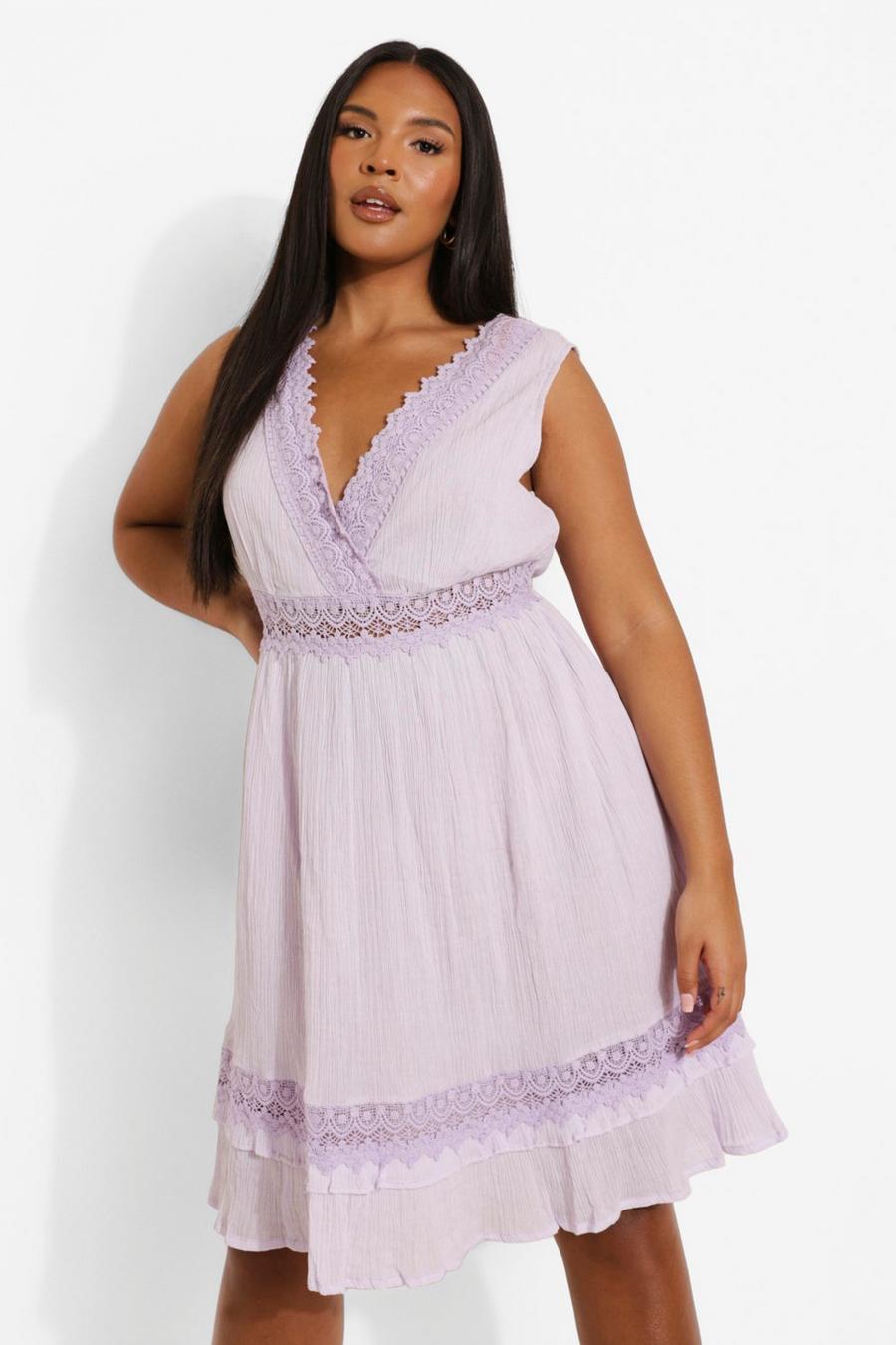 Lilac Plus Lace Trim Plunge Skater Dress image number 1