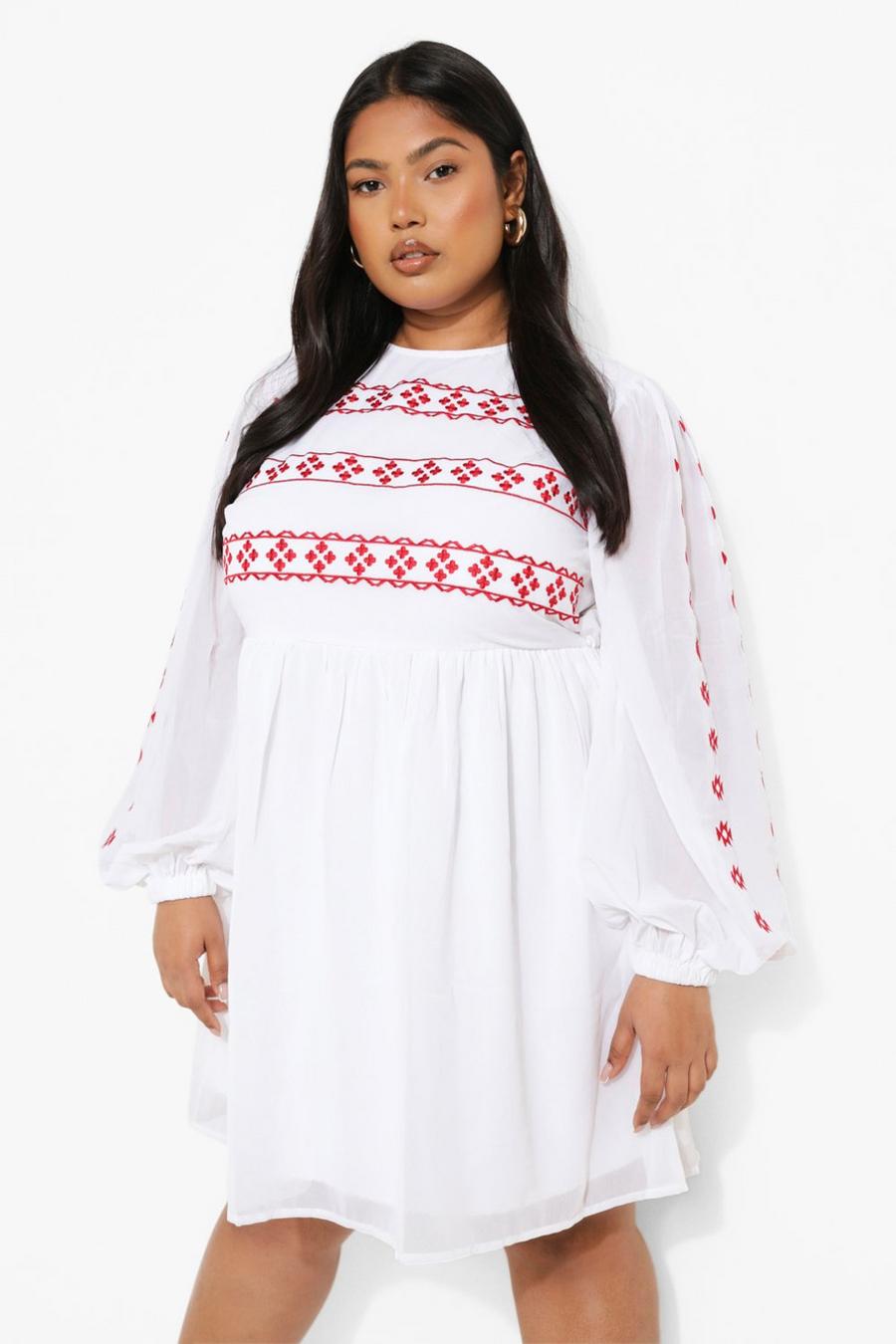 White Plus Embroidered Long Sleeve Smock Dress image number 1