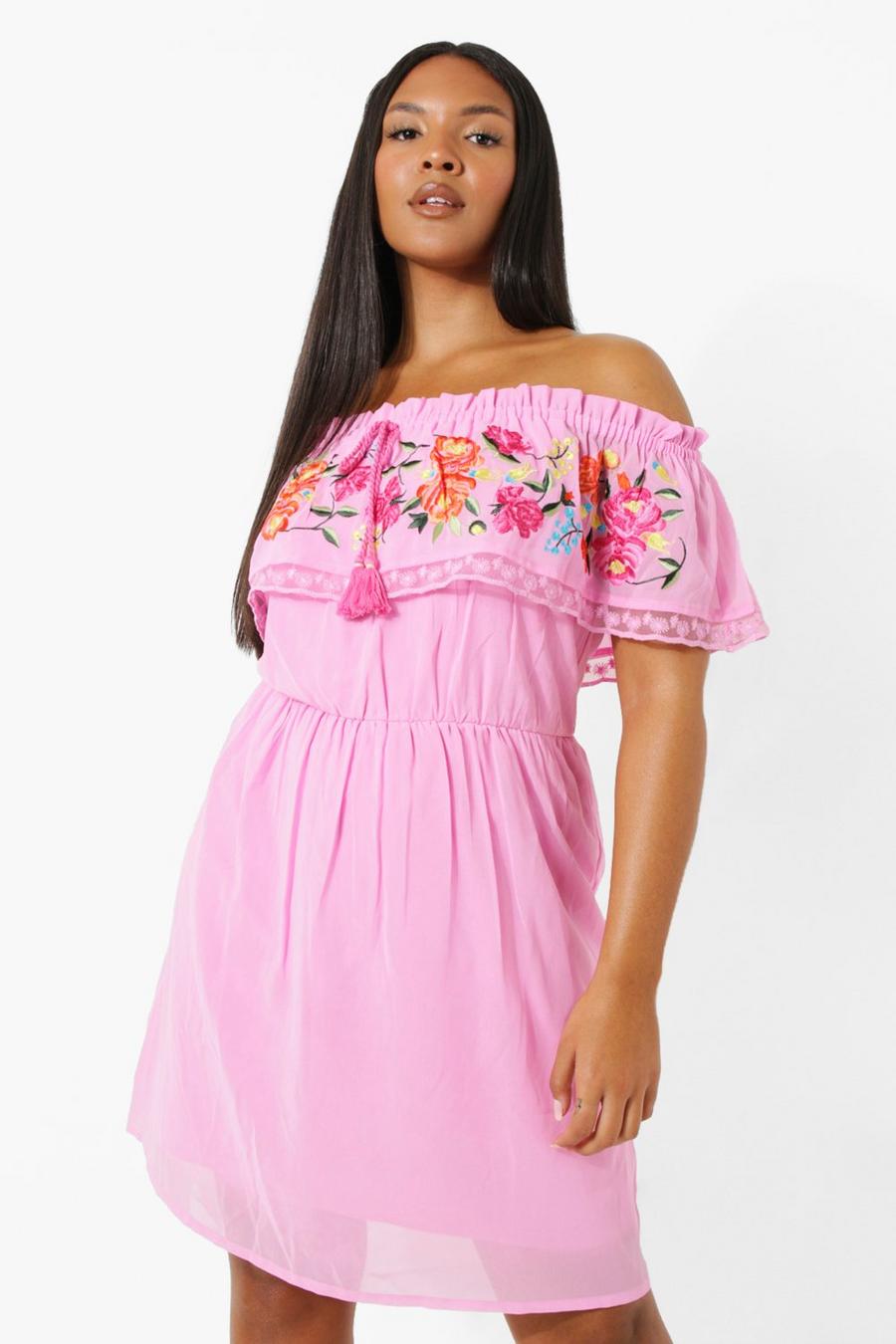 Pink Plus Embroidered Bardot Tie Detail Dress image number 1