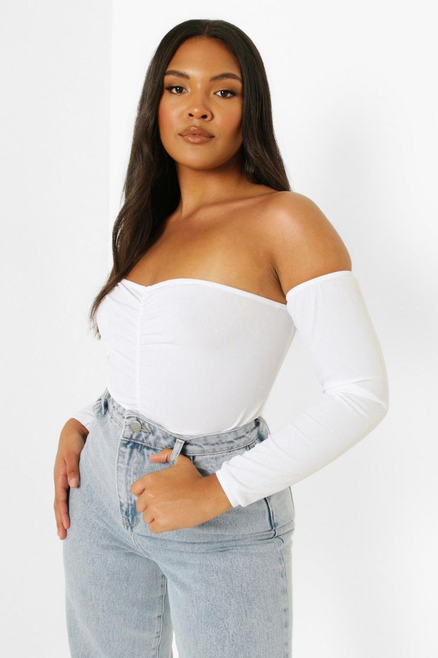 White Plus Rib Off The Shoulder Ruched Front Bodysuit image number 1